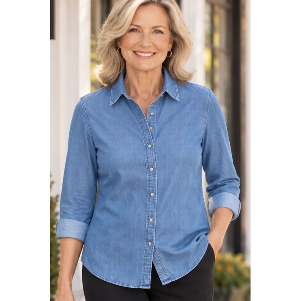Talbots Blue Denim Button Down Shirt Size L Long Sleeve Cotton Casual Blouse